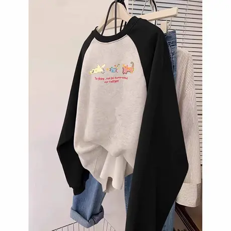大码甜妹慵懒风打底衫上衣宽松插肩袖oversize内搭长袖卫衣女ins商品大图