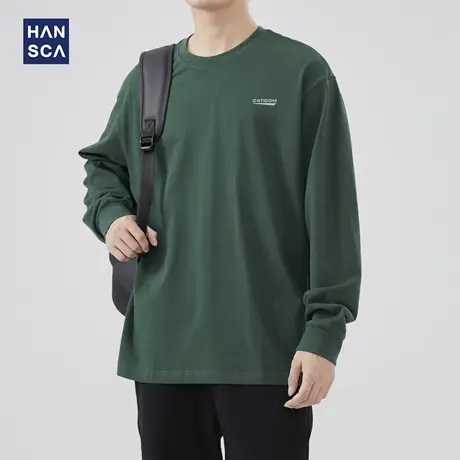 hansca秋季260g印花长袖t恤男士2025新款宽松休闲圆领纯棉打底衫商品大图