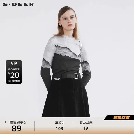 sdeer圣迪奥女装简约半高领水墨晕染长袖T恤S21480218商品大图