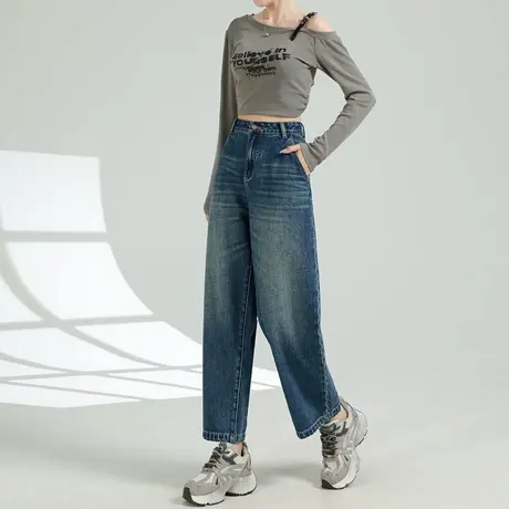 复古磨白九分直筒牛仔裤女2025秋季新款高腰宽松显瘦小个子弯刀裤商品大图