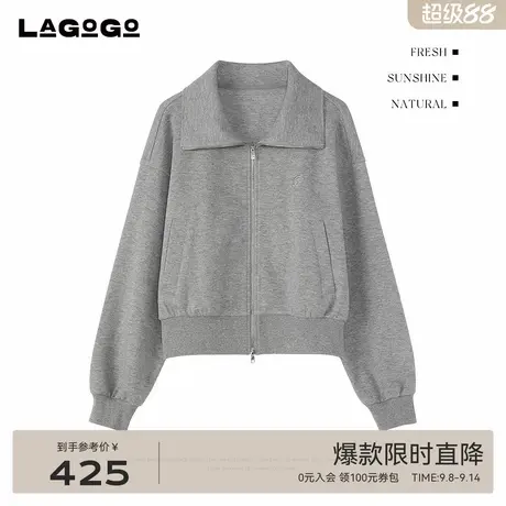 LAGOGO松弛感翻领简约外套女拉谷谷2025秋新款针织上衣OCWW538D45商品大图