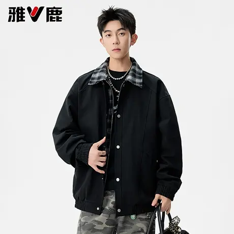 雅鹿巴恩风假两件时尚拼接翻领夹克衫2026春季新款男青年港风外套商品大图