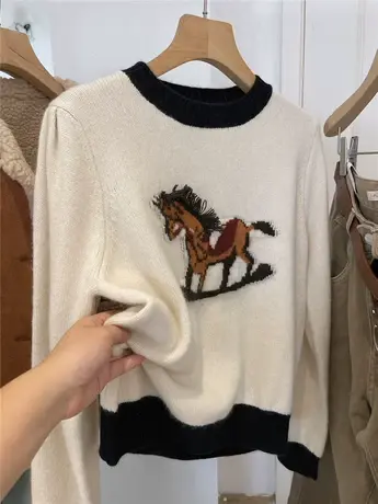 卡通小马撞色圆领套头针织衫毛衣女2023年秋装新款百搭外穿上衣服商品大图
