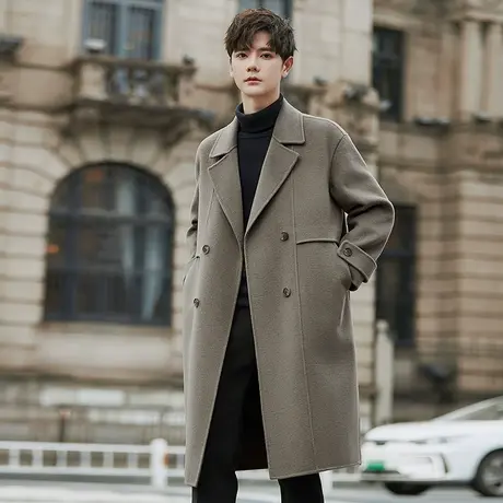 高端双面呢大衣男秋冬款2023年中长款羊毛大衣男士气质双排扣外套图片