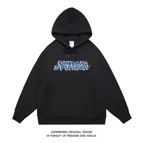 美式复古简约设计感潮流字母印花连帽宽松卫衣男2023新款秋冬男装图片