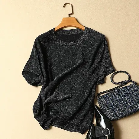 冰丝t恤女短袖秋装2023新款潮上衣短款宽松针织打底衫亮丝体恤衫商品大图