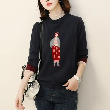 新品8.5折】假两件女孩提花套头毛衣女宽松打底针织衫厚图片