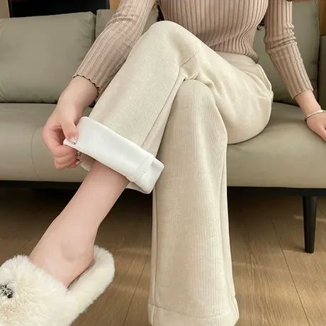 加绒条绒喇叭裤子女秋冬季2023新款高腰修身显瘦仿羊绒加厚微喇裤商品大图