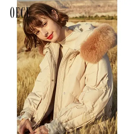Oece冬新款女 英伦复古大毛领连帽羽绒服中长款外套图片