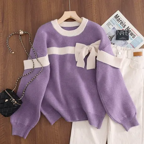 毛衣女2023秋冬新款韩版宽松蝴蝶结针织衫圆领长袖套头打底衫上衣商品大图