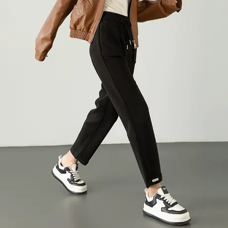 黑色毛呢裤子女秋冬2023新款小个子九分哈伦裤显瘦休闲针织萝卜裤图片