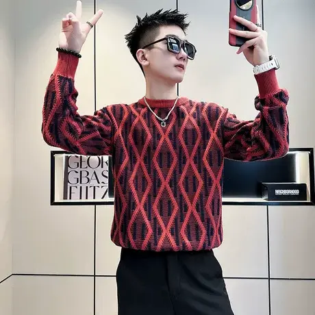 秋冬季新款个性花色菱格提花高级感ins毛衣男轻熟内搭针织衫INS商品大图