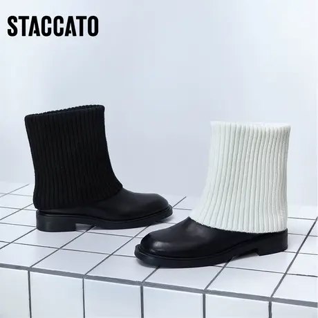 思加图新款时尚毛线布时装靴圆头保暖中靴女皮靴EFP02DZ2商品大图