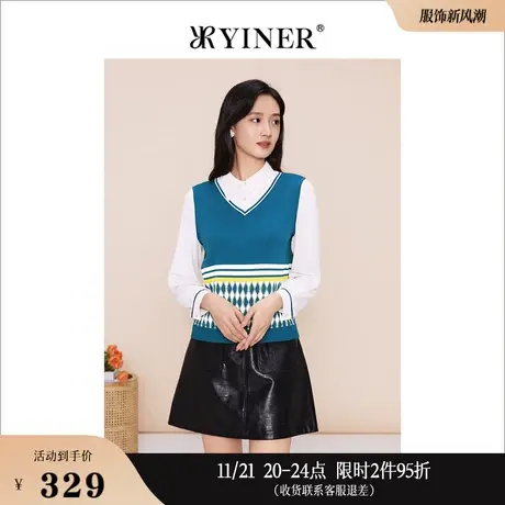 YINER音儿线上专选女装2023春季通勤撞色拼接假两件针织衫商品大图