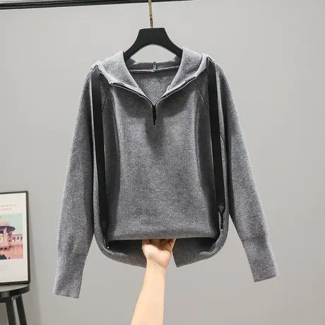 2023春装新款韩版宽松拉链衫长袖纯色连帽针织衫套头毛衣女士百搭商品大图