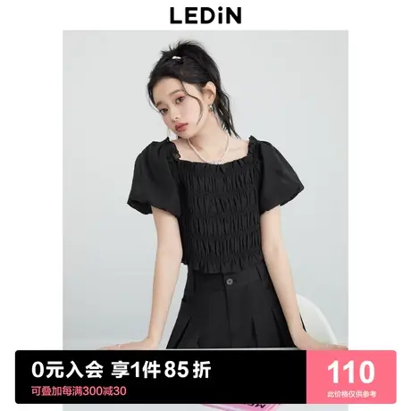 乐町荷叶边薄上衣女2023年春季新款设计感方领短款雪纺衫图片