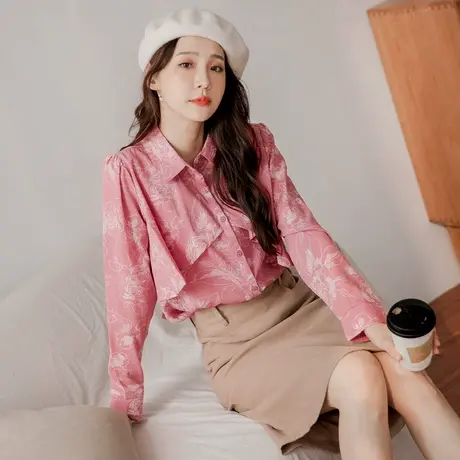 桔熊春季法式浪漫手绘花朵荷叶边拼接衬衫上衣胖妹妹大码AB16033图片