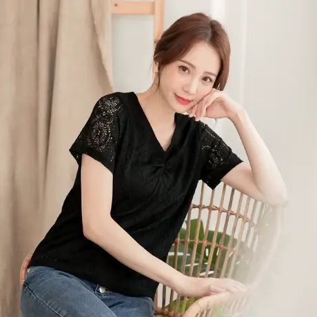 桔熊夏季韩版复古温柔风V领褶皱蕾丝衫纯色短袖上衣女大码AB14831商品大图