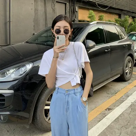 甜辣妹短款纯欲女装短袖t恤设计感小众正肩不规则上衣服夏季ins潮商品大图