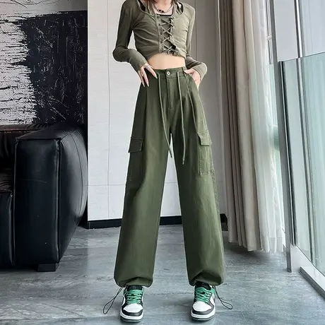 军绿色美式抽绳工装休闲裤女春秋新款高腰显瘦百搭束脚阔腿运动裤图片