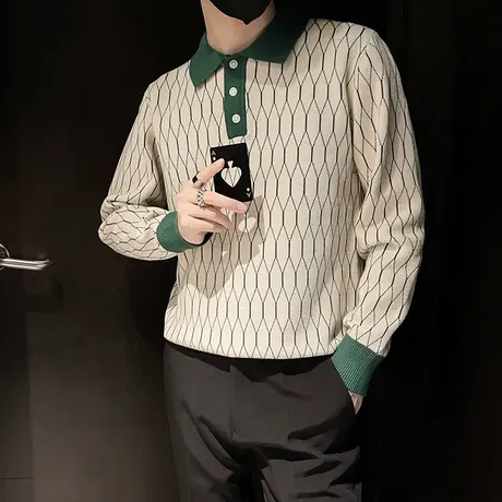 菱格提花POLO领毛衣男秋冬新款ins雅痞轻熟风潮牌撞色针织衫线衣商品大图