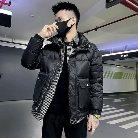 2023冬季时尚休闲拼接假两件厚款棉服男士羽绒服潮牌潮流ins外套图片