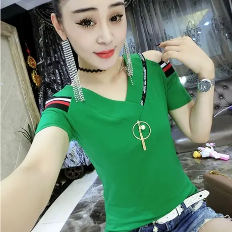 女装2023新款潮时尚V领纯棉T恤女短袖夏性感漏肩气质上衣条纹丅恤商品大图