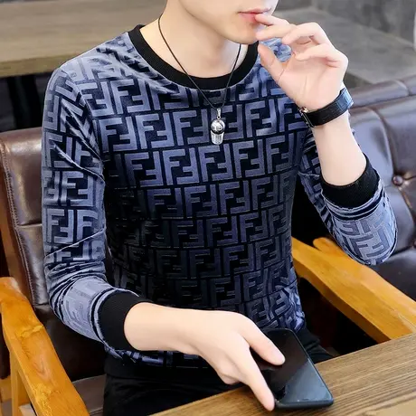 秋冬季潮牌长袖t恤男金丝绒高级感卫衣时髦痞帅气时尚韩版打底衫商品大图