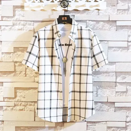 格子衬衫男短袖 韩版潮流男生夏季休闲寸衣男士夏天薄款修身衬衣图片