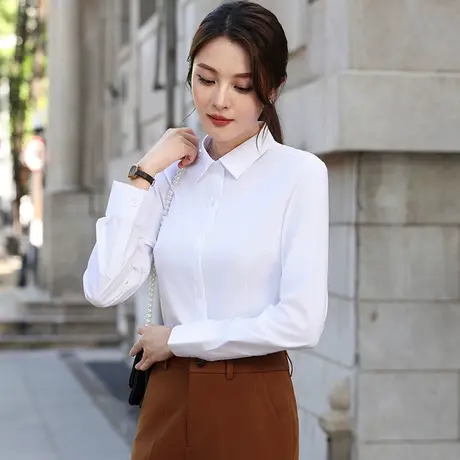方领长袖衬衫女士正装职业春秋季上衣白衬衣免烫弹力上班通勤寸衫商品大图