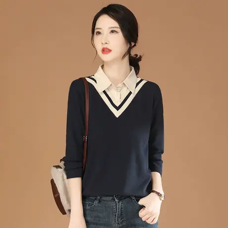 韩潮袭人假两件POLO领长袖卫衣女2024春季新品显瘦拼接休闲上衣图片