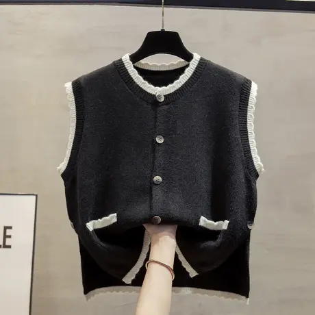 圆领小香风针织开衫马甲背心女2023秋冬新款外穿马夹外搭毛衣坎肩商品大图
