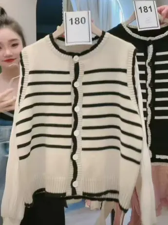 春季新品韩版宽松显瘦时尚黑白条纹拼接针织开衫洋气外穿打底上衣图片