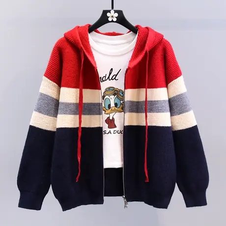 撞色条纹拉链连帽毛衣外套女秋冬2023新款宽松慵懒风休闲针织开衫商品大图