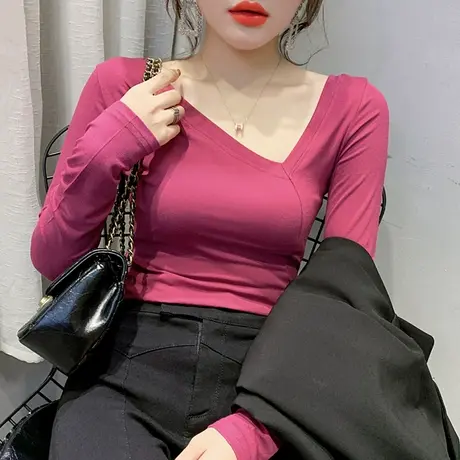 女装2024新款潮性感深V领T恤女长袖春秋小心机洋气上衣百搭打底衫商品大图