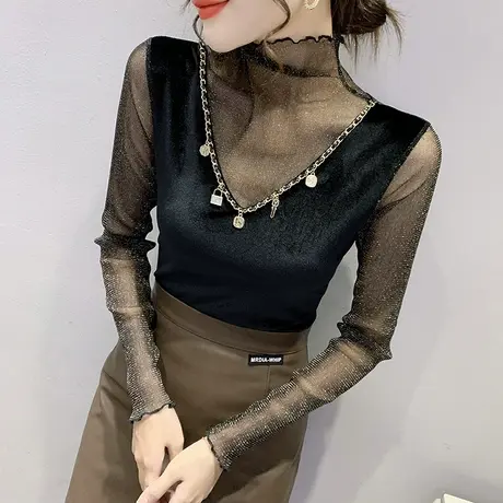 网纱拼接打底衫女春秋时尚链条半高领长袖T恤金丝绒名媛气质上衣图片