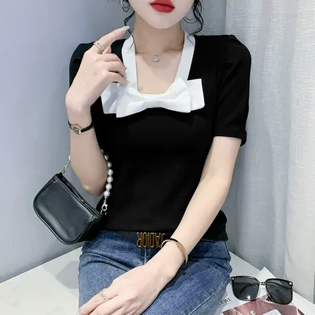 甜美蝴蝶结T恤女短袖2024欧货撞色百搭洋气上衣修身显瘦方领半袖图片