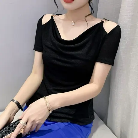 一字领性感T恤女短袖2024夏季新款时尚垂感洋气上衣修身显瘦小衫商品大图