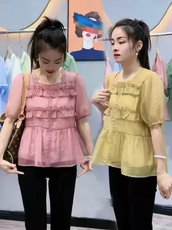 2023夏装新款甜美木耳花边衬衫女拼接高级感洋气减龄爆款韩系小衫图片