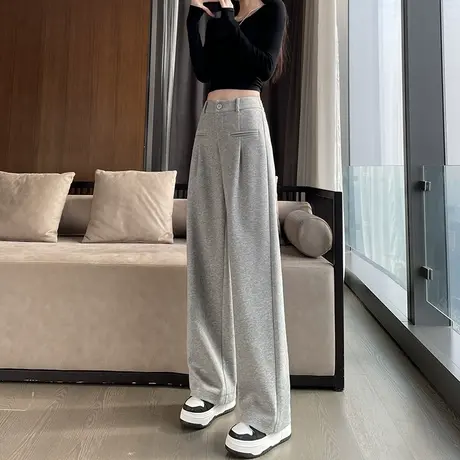 灰色阔腿裤女秋冬季2023休闲运动裤子高腰垂感拖地显瘦直筒西装裤商品大图