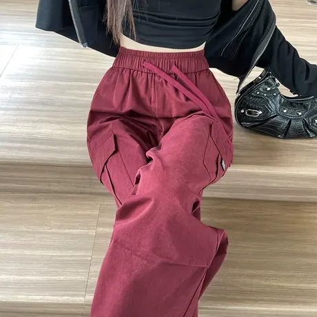 酒红色工装裤女2024年春秋新款宽松直筒阔腿裤束脚休闲美式运动裤商品大图