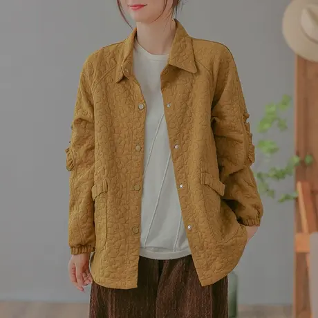 dza 复古polo领休闲长袖衬衫外套女秋冬宽松显瘦上衣百搭纯棉夹克商品大图