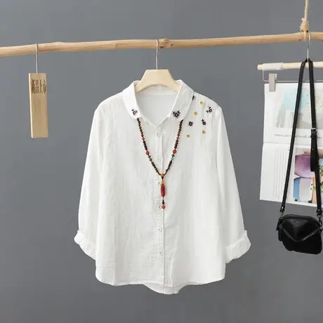 春装新款上衣小清新花朵刺绣纯棉白衬衫女长袖宽松百搭打底衫衬衣图片