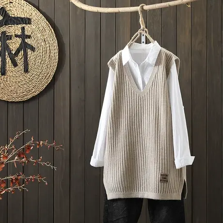 枫谜2021年秋装新款文艺韩版中长款毛线马夹女宽松针织V领坎肩图片