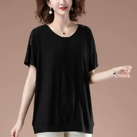 短袖t恤女夏季加肥加大码女装宽松百搭休闲蕾丝拼接遮肚显瘦体恤图片