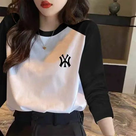 纯棉撞色拼接字母长袖t恤女春装2023年新款宽松打底衫百搭上衣潮图片