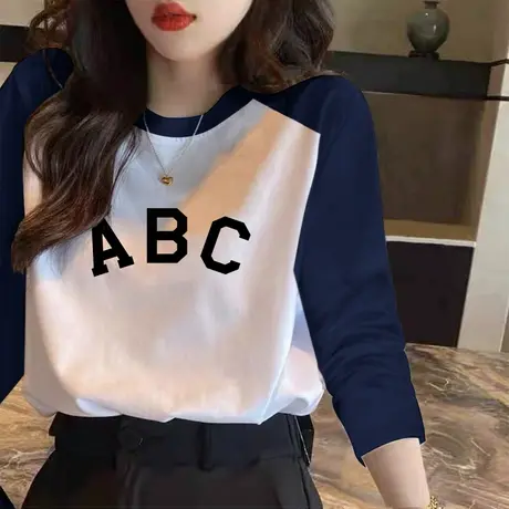 纯棉长袖T恤女春季宽松打底小衫2023新款内搭字母印花百搭上衣潮图片