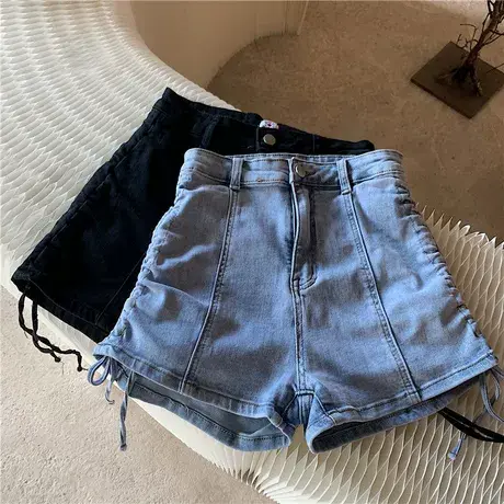 抽绳牛仔裤女春夏2023新款高腰显瘦直筒超短裤热裤裤子图片