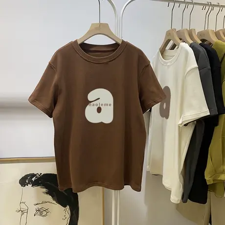 港味chic复古咖色休闲t恤女大码纯棉短袖ins潮显瘦遮肚简约上衣夏图片