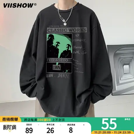 Viishow长袖t恤男春秋款美式高街上衣秋季潮牌重磅纯棉无帽卫衣商品大图